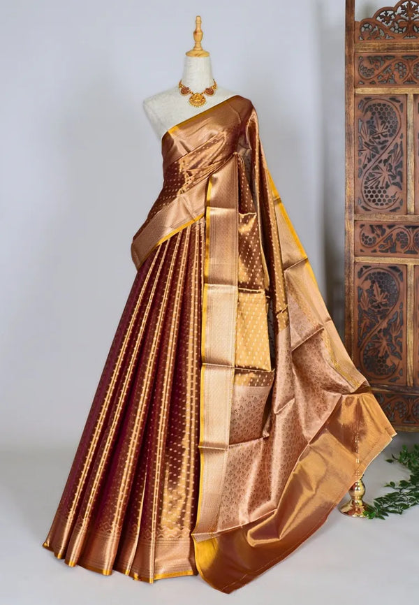 Copper Gold Silk Tissue Zari Embossed Woven Butti Rich Banarasi Saree