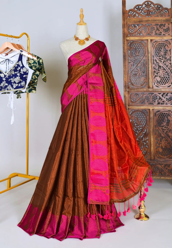 Copper-Pink Handspun Tissue-Cotton Almond-Border Bengal-Saree