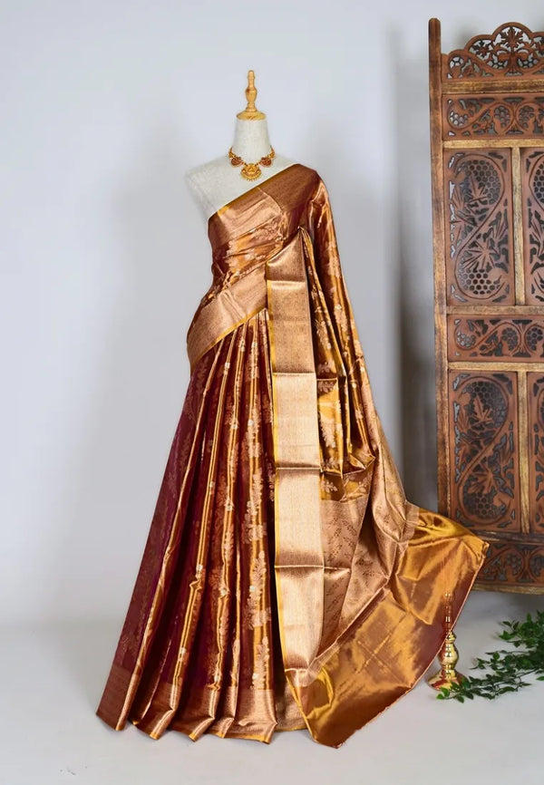 Copper-Gold Silk-Tissue Zari-Embossed Banarasi-Saree