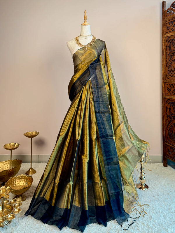 Copper-Black Handspun Pure-Cotton Tissue-Plain Bengal-Saree