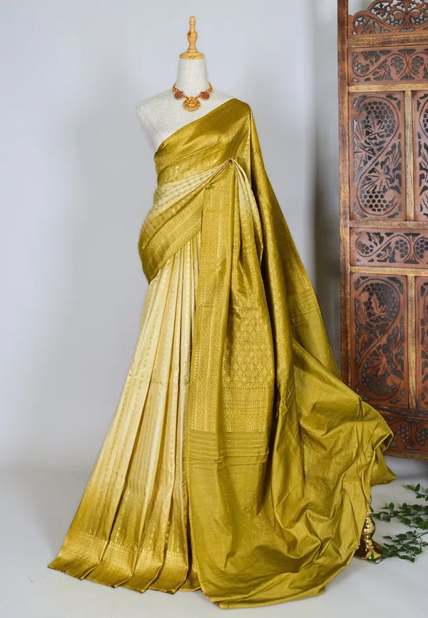 Cream-Gold Art-Silk Zari-Woven-Stripes Banarasi-Saree