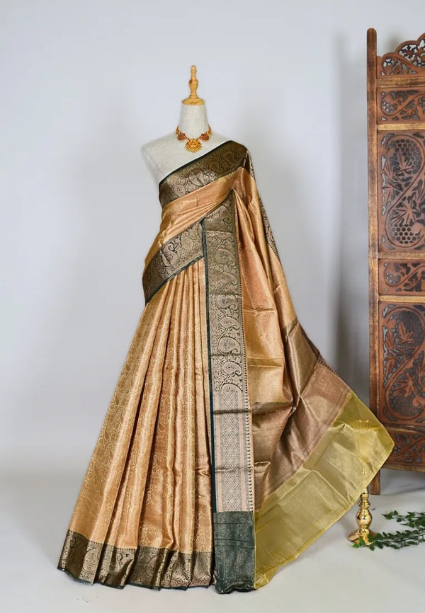 Cream-Green Silk-Tanchui Embossed-Body Banarasi-Saree