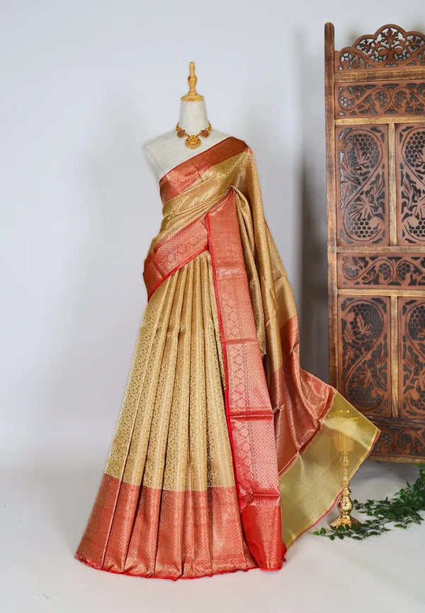 Cream Orange Silk Tanchui Embossed Body Banarasi Saree