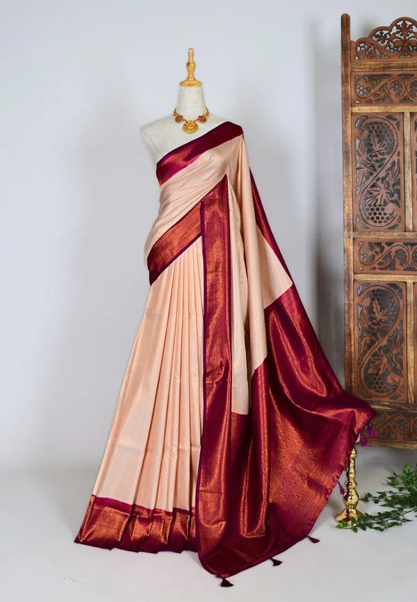 Cream Purple Soft Silk Woven Body Border Grand Pallu Banarasi Saree