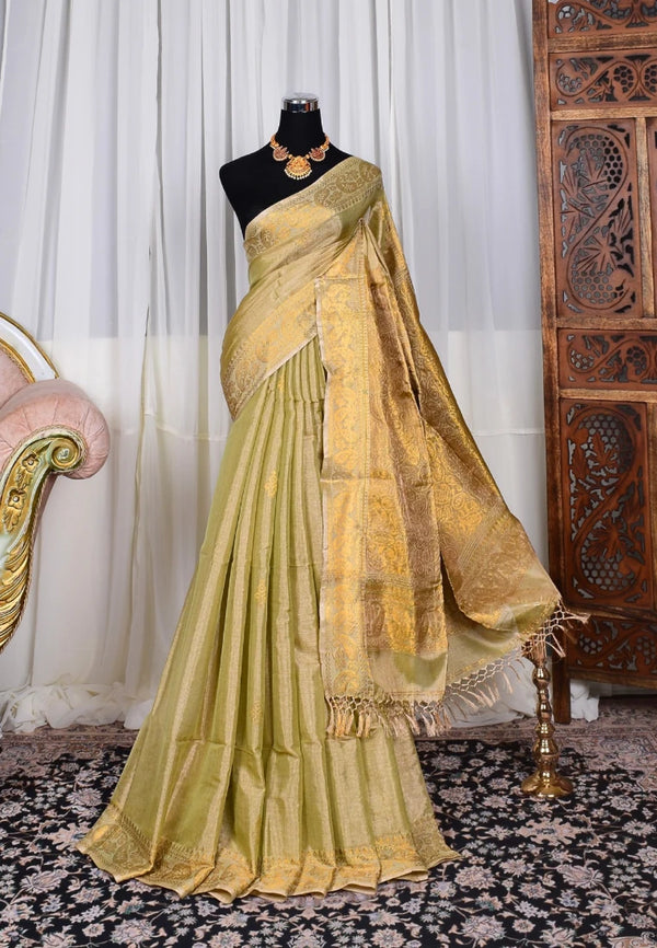 Cream-Gold Handloom Mercerised-Cotton-Tissue Grand-Pallu Bengal-Saree