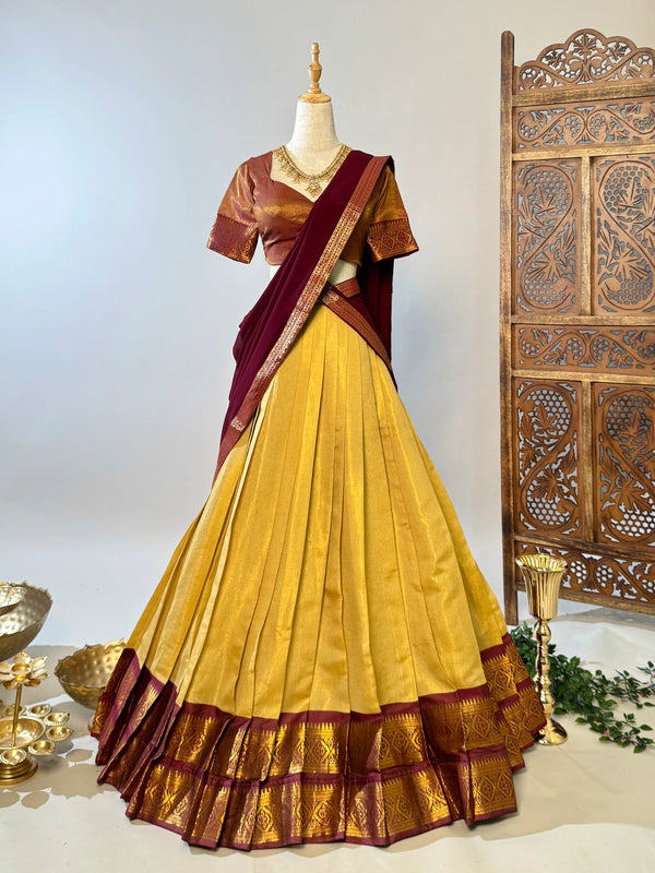 Cream-Gold-Maroon Soft-Silk Zari-Woven Box-Pleated Lehenga-Blouse-Dupatta-Set