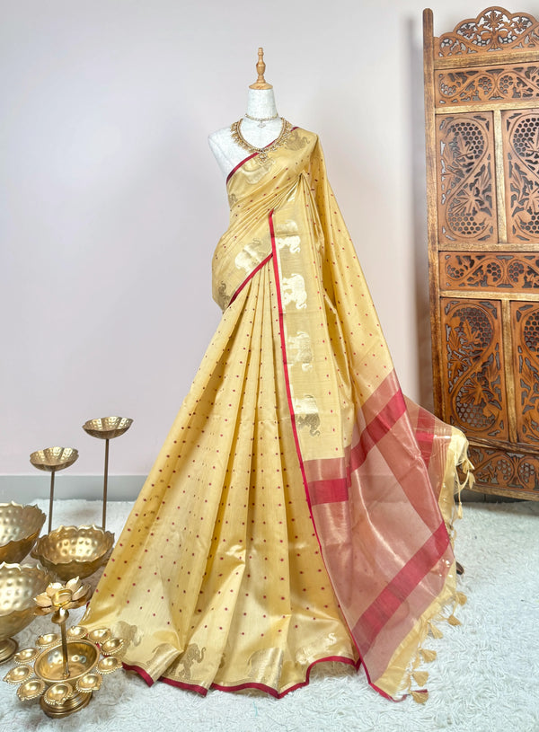 Cream-Gold-Red Silk-Cotton Elephant-Border North-Saree