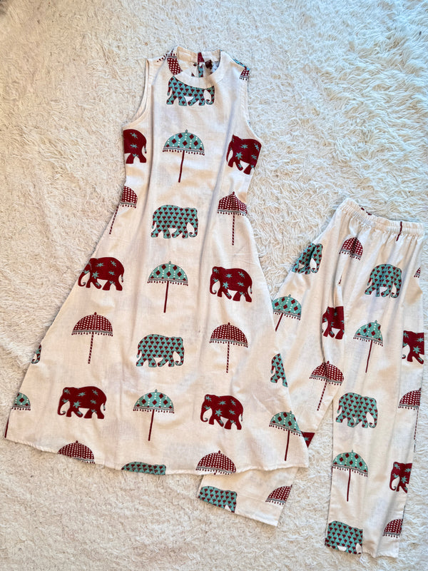 Cream Khadi A-line Palazzo-Kurti-Set With-Sleeves