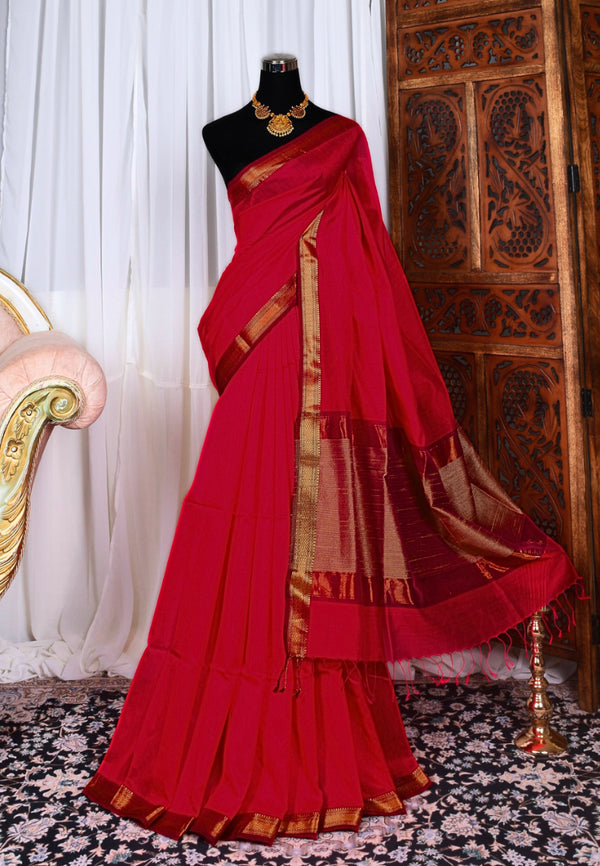 Crimson-Red Pure Silk Pure Cotton Thin Border Maheshwari Saree