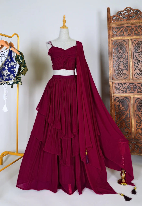 Red-Wine Georgette Multi-Layer Pleated-Lehenga Skirt , Blouse & Dupatta Set