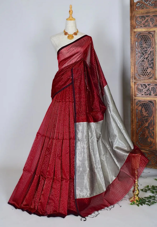 Maroon Grey Handwoven Pure Silk Cotton Striped Body Elegant Maheshwari Saree