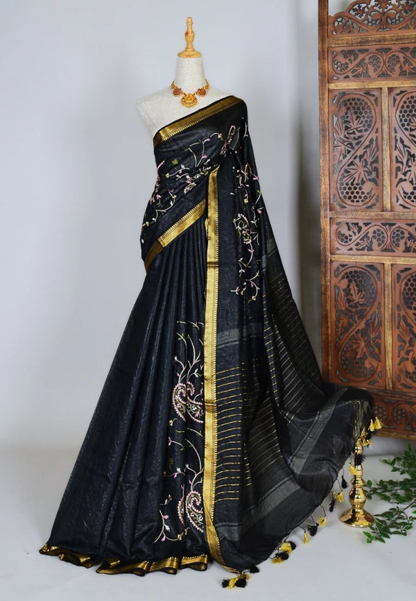 Black Kota-Silk All-Over-Embroidery Woven-Border Bengal-Saree