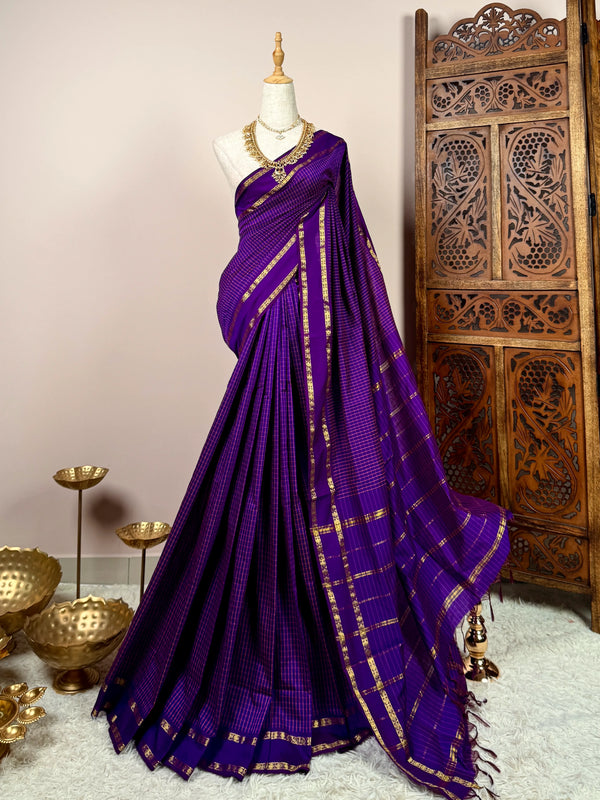 Dark-Purple Pure-Cotton Zari-Woven-Kattam South-Saree