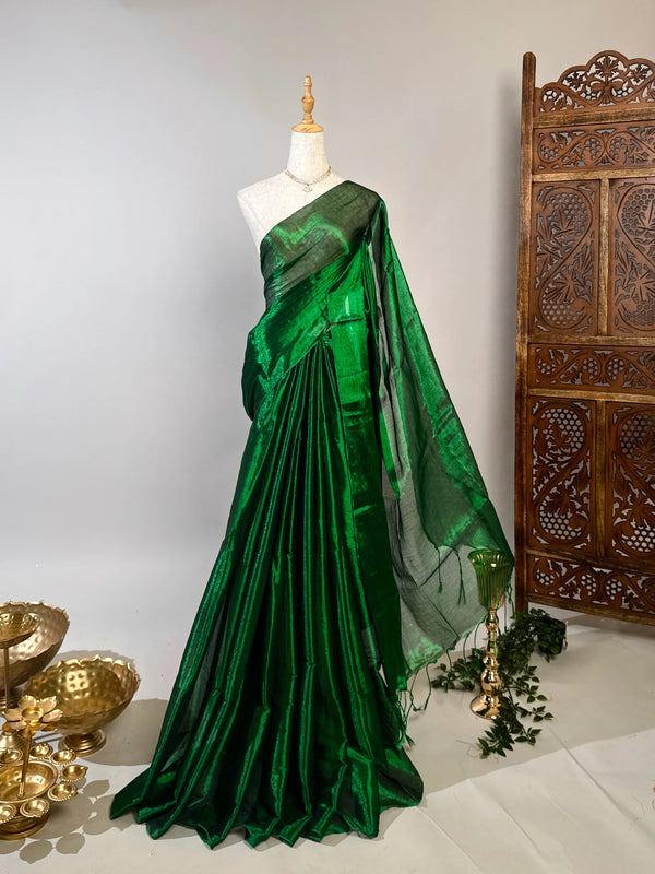 Dark-Green Poly-Tissue-Cotton Plain North-Saree