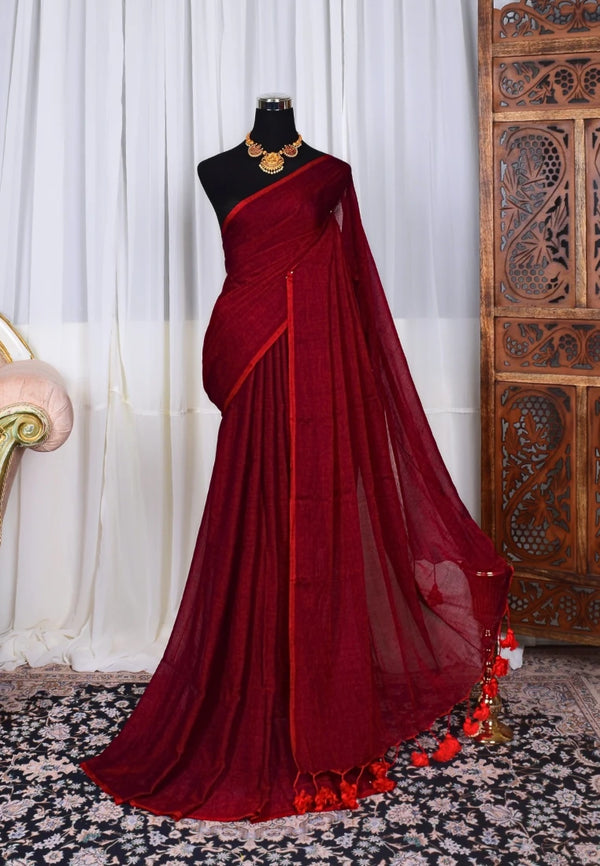 Dark-Maroon Handspun-Pure-Cotton Plain-Body Bengal-Saree