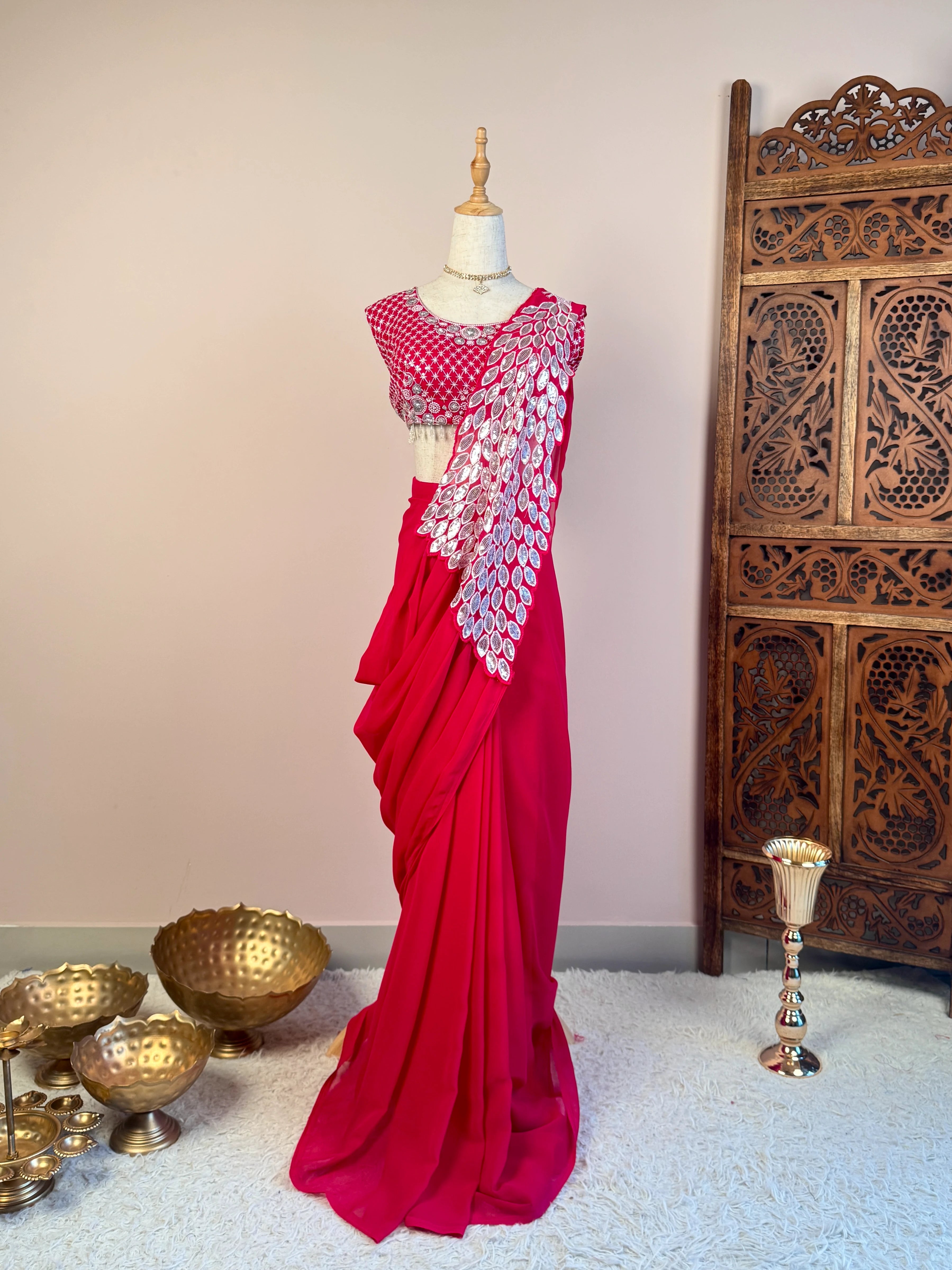 Dark-Pink Georgette Lightweight-Readymade-Alterable-Saree-Set – Yeshan ...