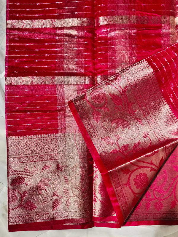 Dark pink kora organza silver zari Banarasi saree