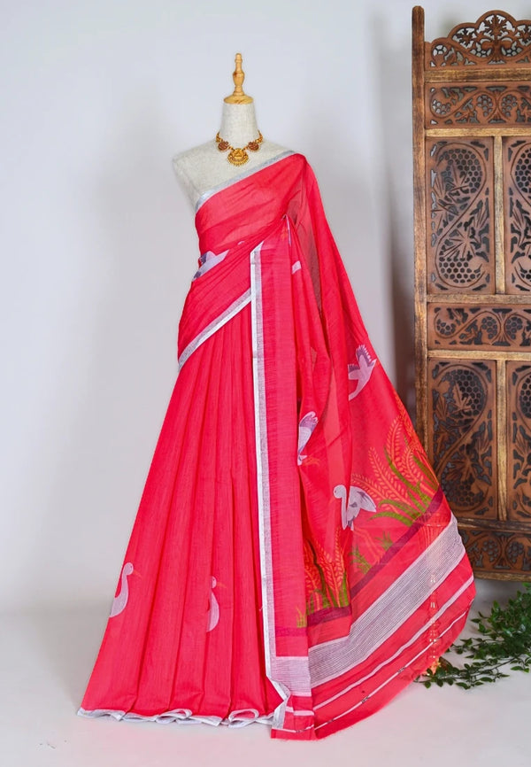 Dark-Pink Soft-Cotton Printed-Bird-Motif North-Saree