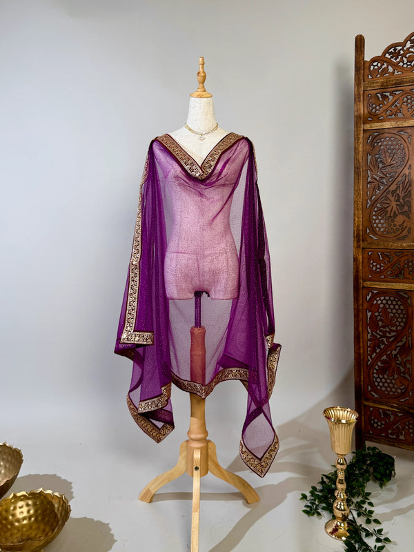 Dark-Purple Sequin-Embroidered Foil-Stud Dupatta