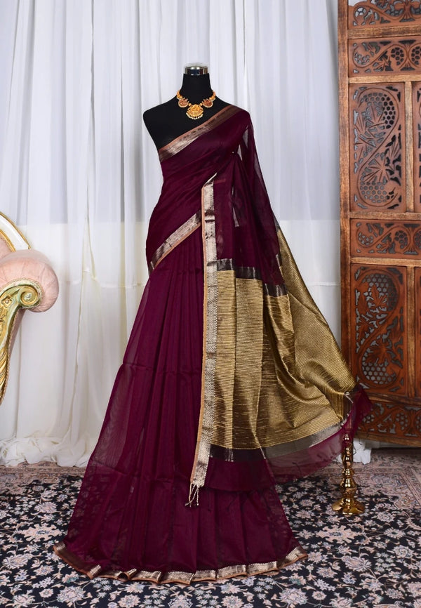 Dark-Wine-Gold Pure-Silk-Cotton Thin-Border Ghicha-Pallu Maheshwari-Saree