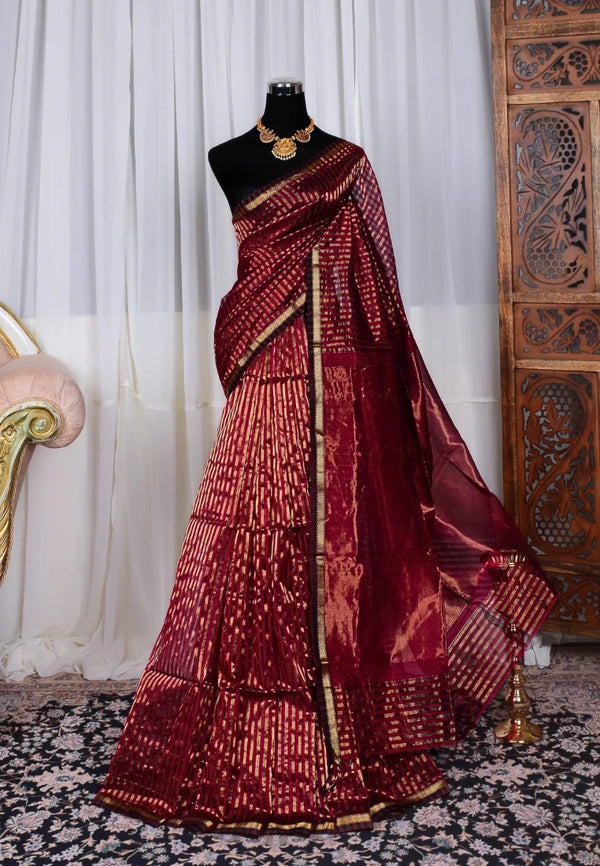 Red-Wine Pure-Silk-Cotton Tissue-Striped Handloom Maheshwari-Saree