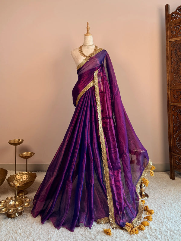 Double-Toned-Purple Handspun Tissue-Cotton Sequin-Border Bengal-Saree