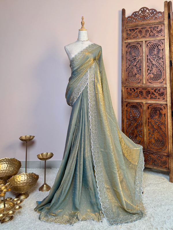 Turquoise Silk-Tissue Stonework-Border North-Saree