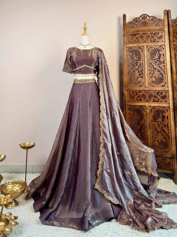 Dual-Toned-Purple Crushed-Silk Glossy-Finish Flowy-Flare Grand-Blouse-Lehenga-Skirt-Dupatta-Set