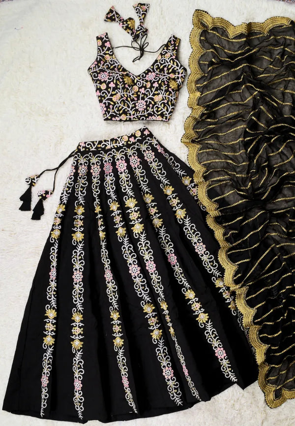 Black Multi-Embroidered Raw-Silk Kalidaar-Lehenga-Skirt, Blouse &amp; Dupatta Set