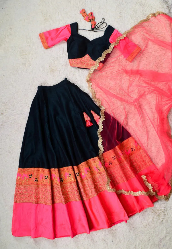 Green-Pink Embroidered Raw-Silk Kalidaar-Lehenga-Skirt, Blouse &amp; Dupatta Set