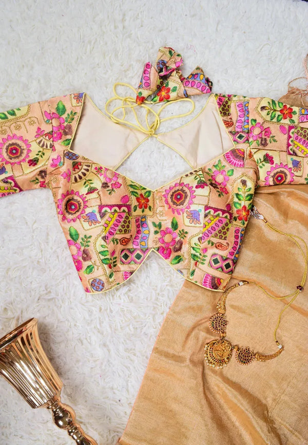 Cream-Pink Multi-Embroidered Raw-Silk Designer-Neckline Blouse