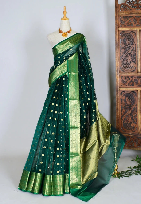 Emerald-Green Soft-Organza Woven-Butti Grand-Border Banarasi-Saree