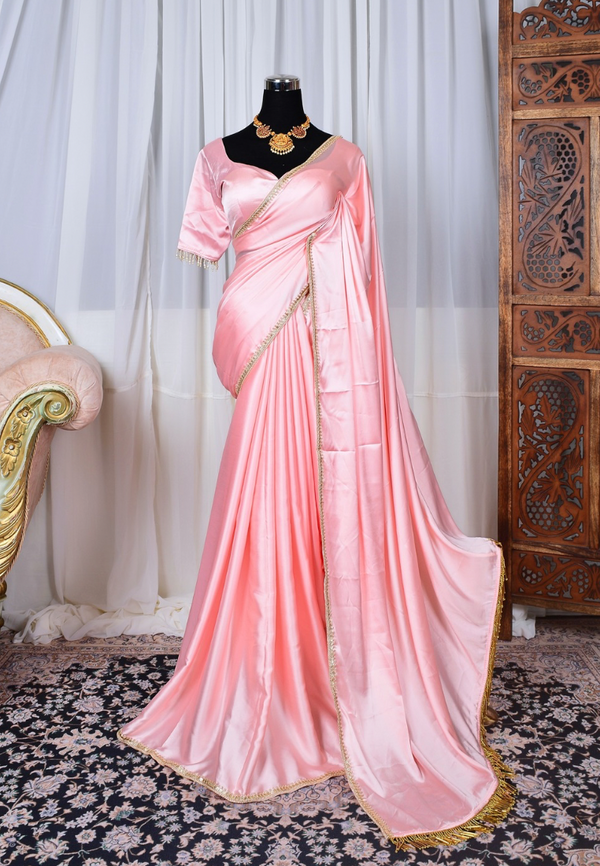 Rose-Pink Premium Satin-Silk Beaded-Lace & ReadyMade Blouse North Saree Set
