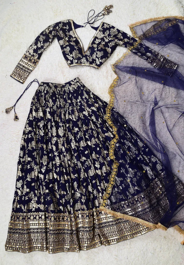 Navy-Blue Brocade-Embroidered Art-Silk Pleated-Lehenga-Skirt, Blouse &amp; Dupatta Set