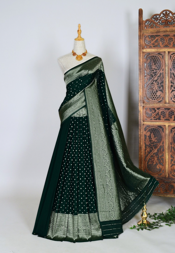 Forest-Green Cotton-Blend Zari-Woven Banarasi-Saree