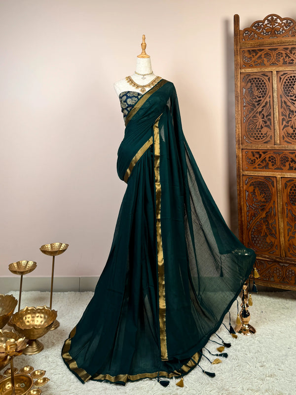 Forest-Green Handspun Pure-Cotton Zari-Patta Bengal-Saree