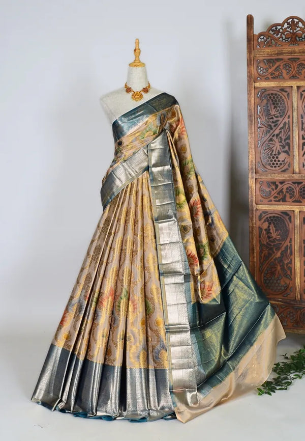 Gold Blue Silk Tissue Floral Meenakari Embossed Design Rich Banarasi Saree