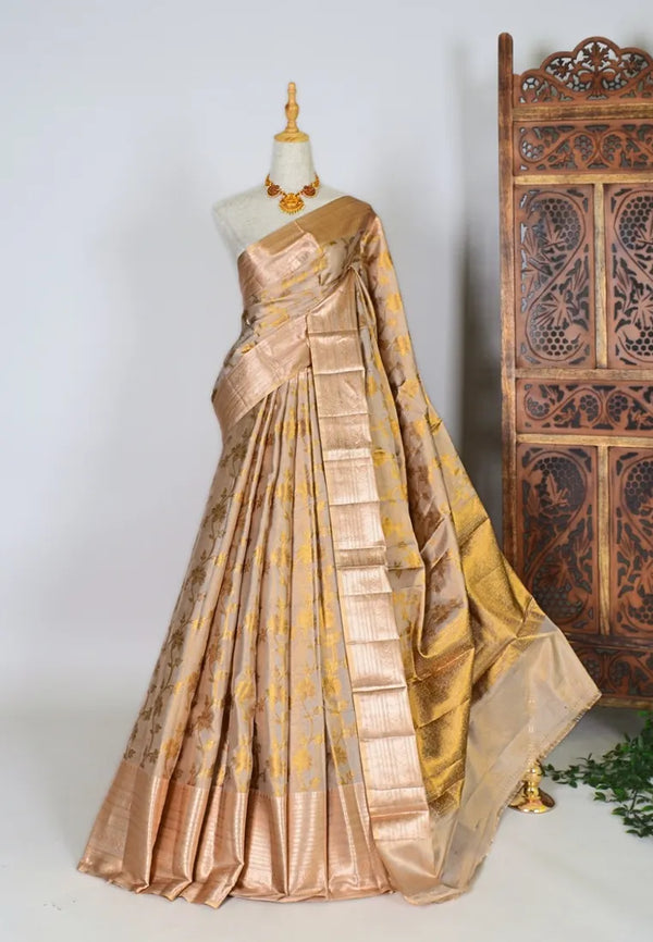 Gold Cream Silk Tissue Leaf Butti Woven Embossed Body Premium Banarasi Saree