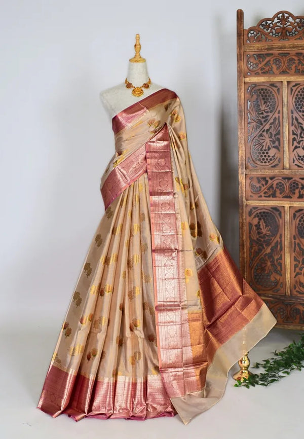 Gold Pink Silk Tissue Leaf Butta Contrast Border Banarasi Saree