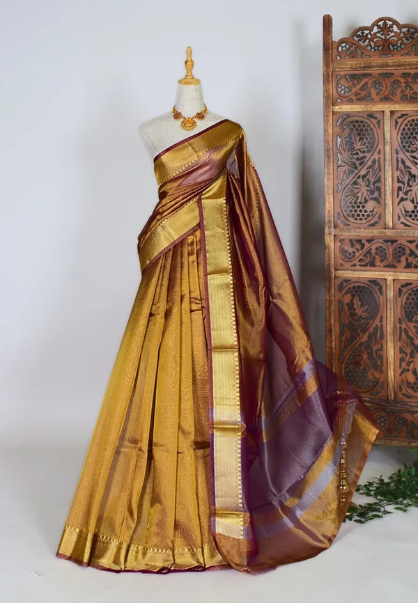 Gold-Wine Silk-Tissue Patta-Border Plain-Body Banarasi-Saree