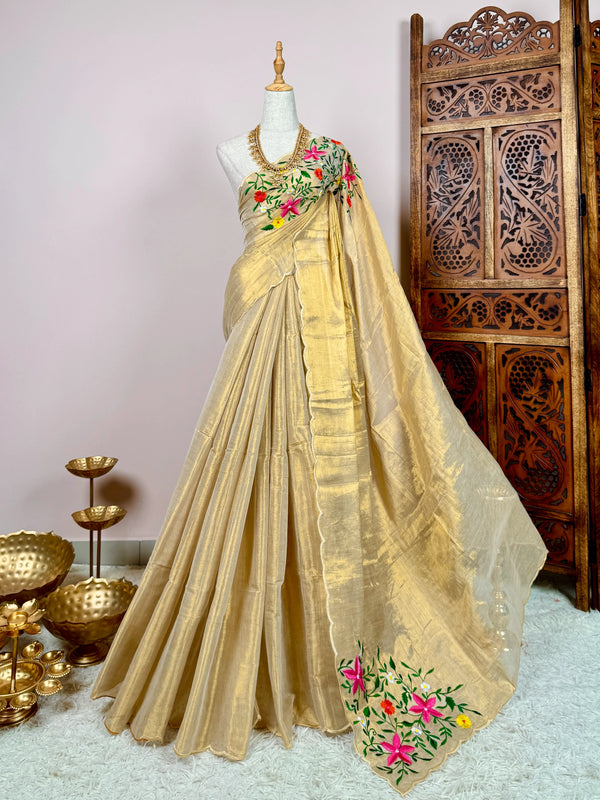 Gold Handspun Pure-Cotton-Tissue Embroidered-Patch Bengal-Saree