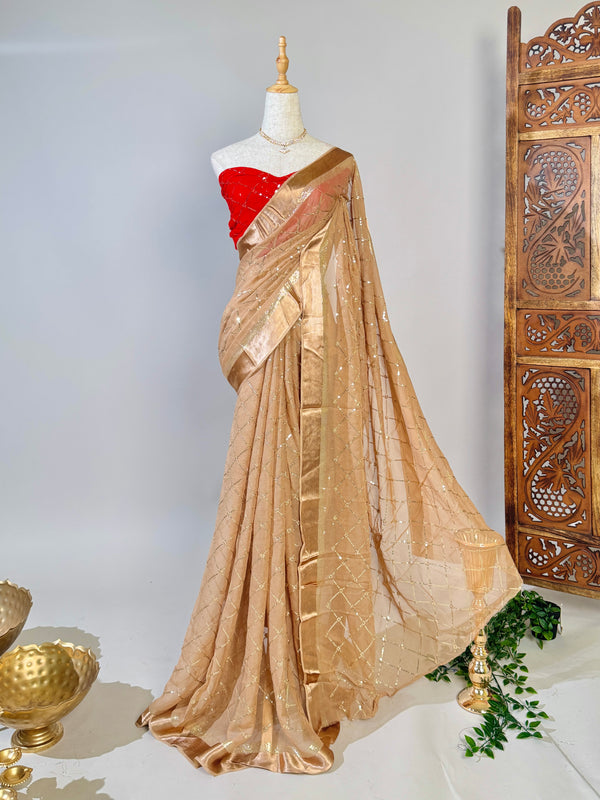 Champagne-Gold Soft-Chiffon Sequin-Stitched North-Saree