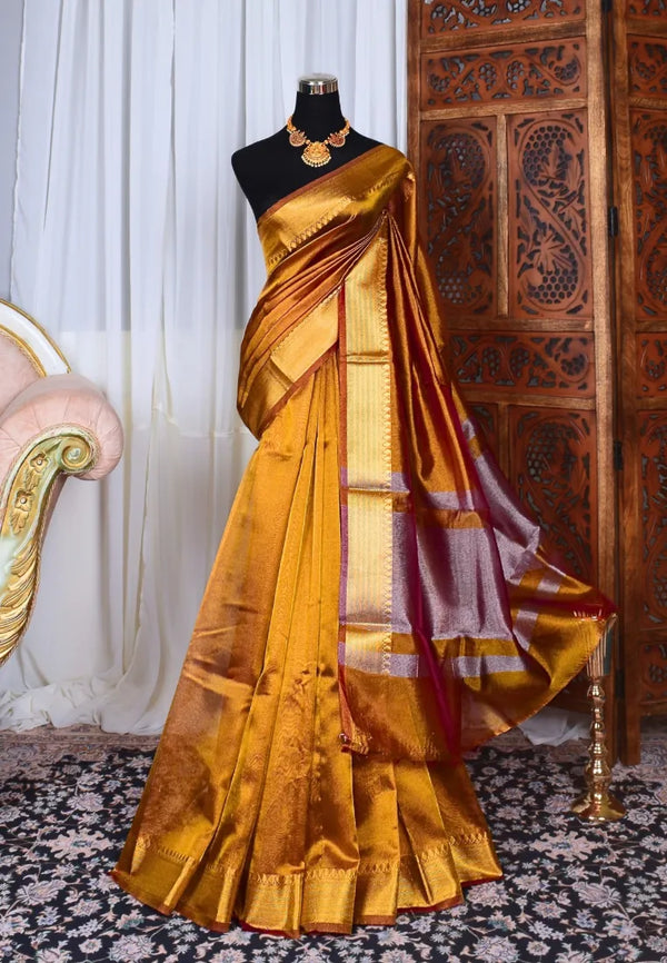 Gold Silk-Tissue Plain-Body Patta-Border Banarasi-Saree