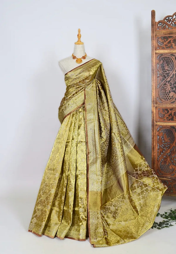 Gold Silk Tissue Jangla Design Aari Stone Sequin Work All Over Body Banarasi Saree