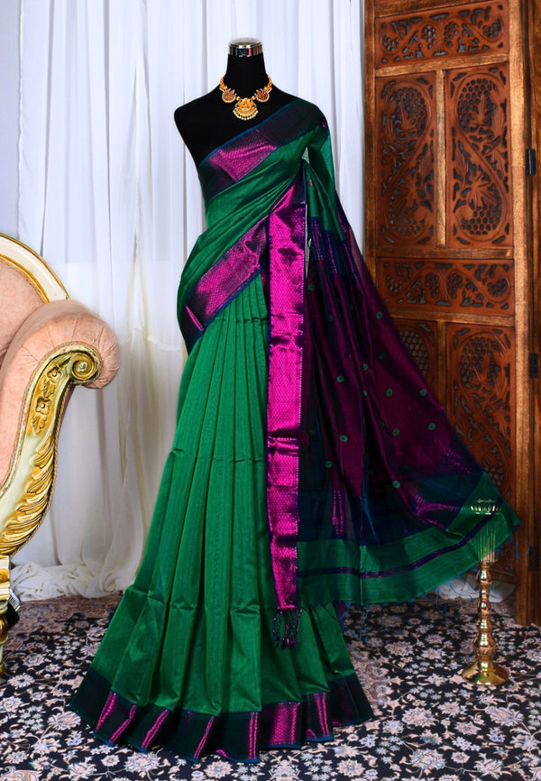Green Chrome-Purple Pure Silk Pure Cotton Plain Body Maheshwari Saree