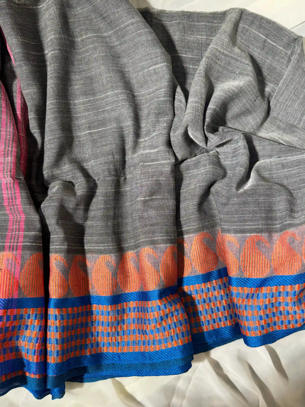 Grey-orange pure cotton bengal saree