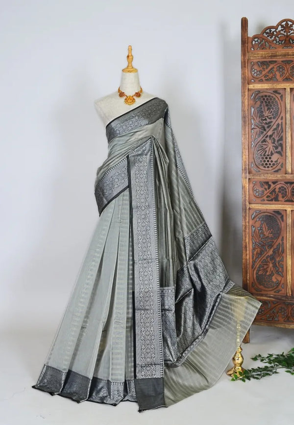 Grey-Black Soft-Organza-Tissue Striped-Body Banarasi-Saree