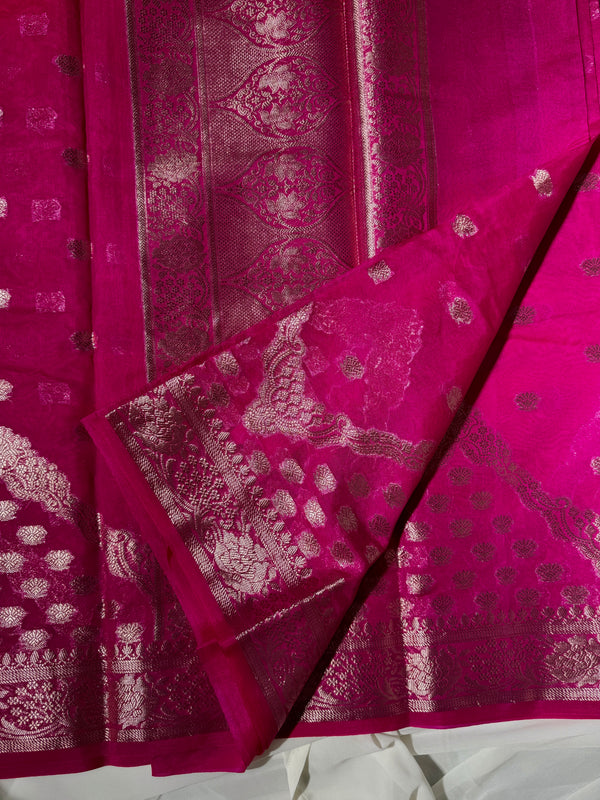 Hot pink Kora Silk organza crown border Banarasi saree