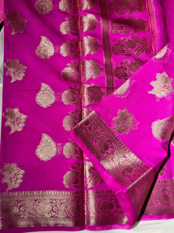 Hot pink semi georgette gold zari Banarasi saree