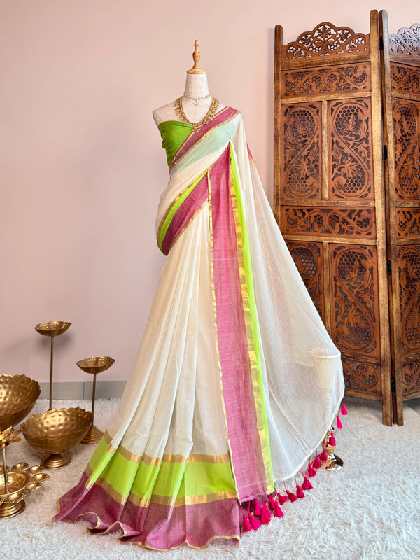 Off-White-Green-Pink Handspun Pure-Cotton Ombre Bengal Saree